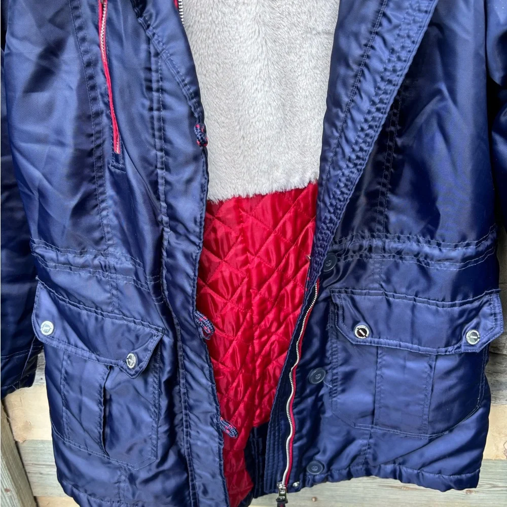 Urban Republic Navy Coat with Red Accents and Faux Fleece Lined Hoodie Size M - Picture 4 of 10